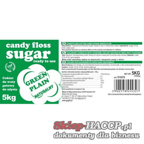 Kolorowy cukier do waty cukrowej zielony o smaku naturalnym 5kg Kolorowy cukier do waty cukrowej zielony o smaku naturalnym 5kg